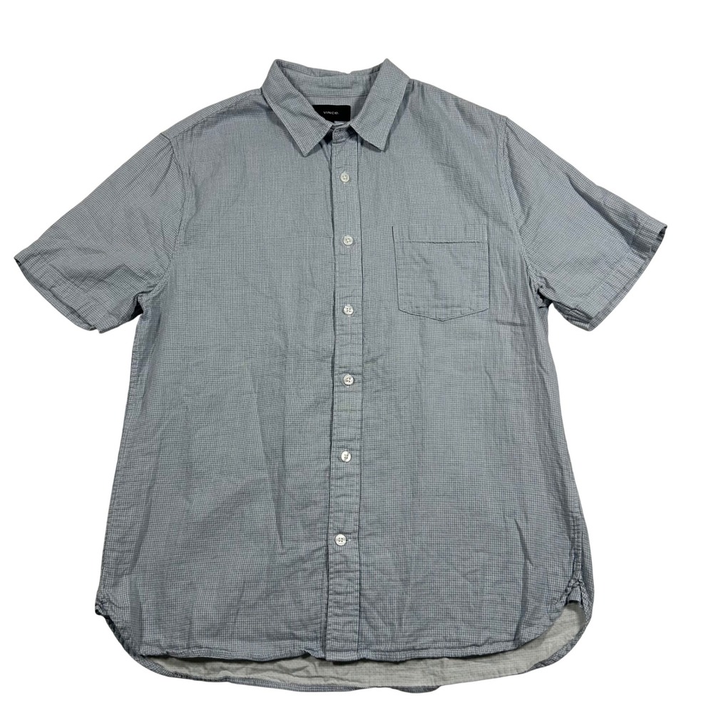 Vince Button Down Shirt Mens Medium Blue Microβ Check Short Sleeve Classic Fit